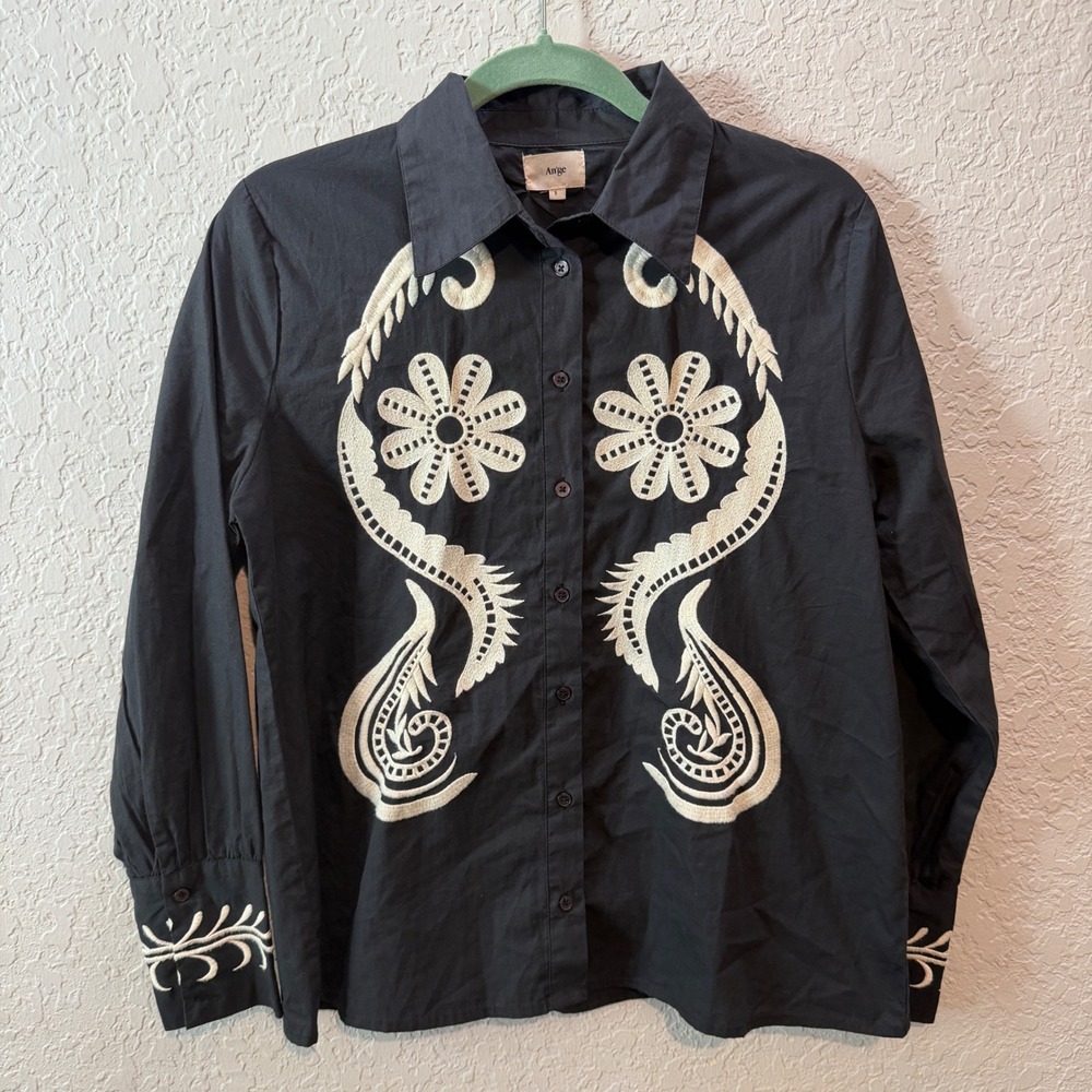 An'ge Sidnela Embroidered Button Down Shirt Size S Boho Western Black Cotton